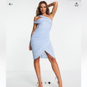 Rare London asymmetric corset mesh drape dress